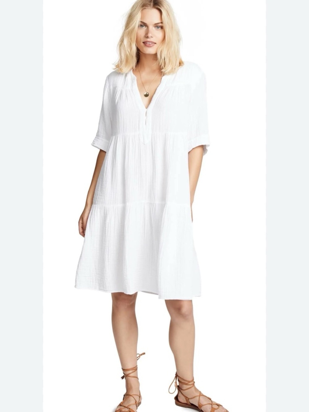 XIRENA White Billie Seersucker Cotton Dress XS Short Sleeve Tiered Babydoll USA